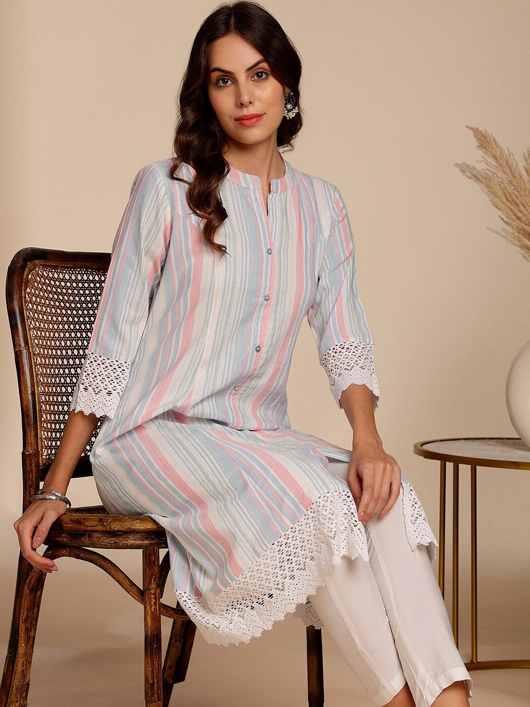 

Anouk Pink Striped Mandarin Collar Cotton A-Line Kurta