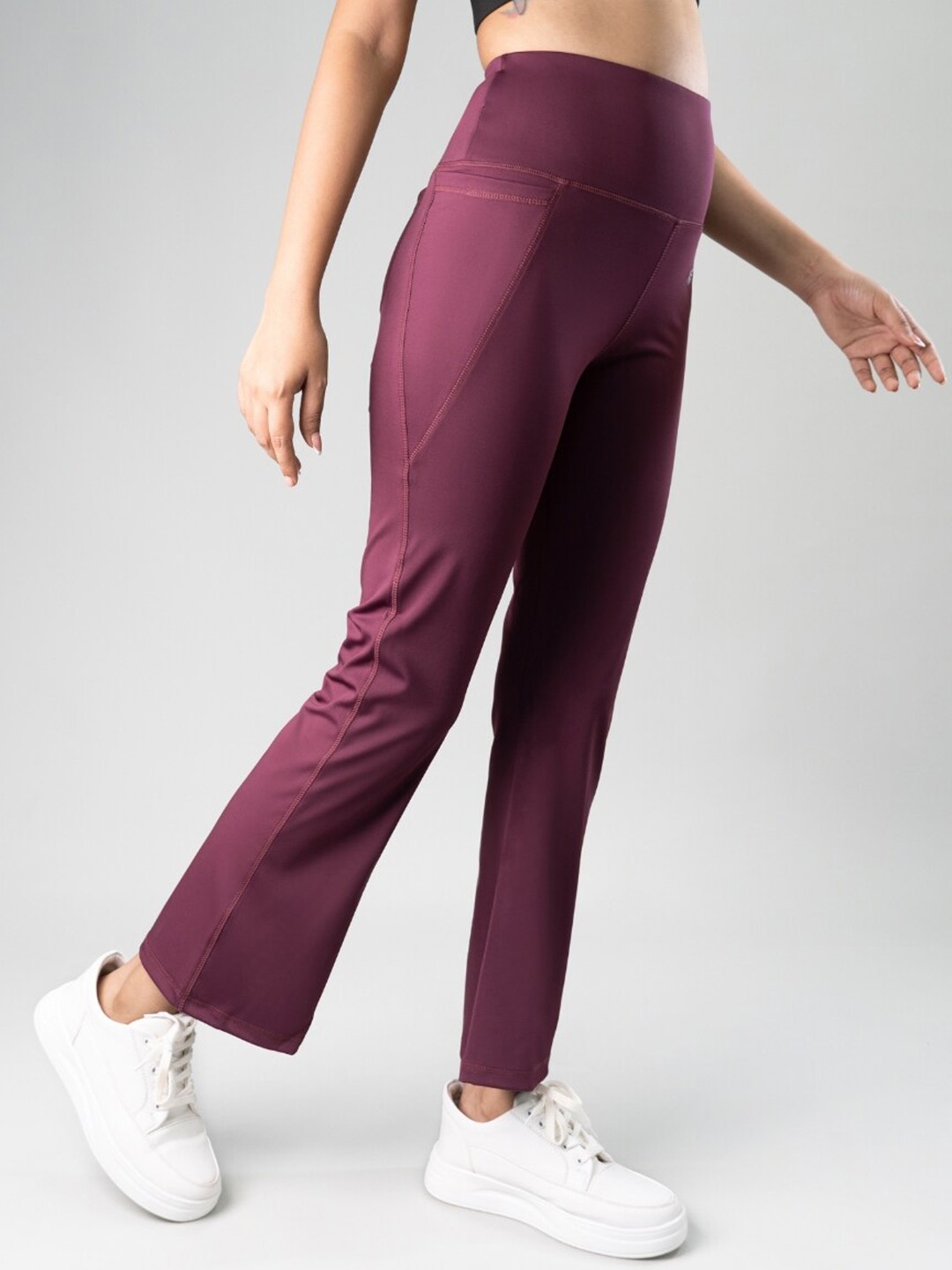 

FLURR Women Smart Flared High-Rise Wrinkle Free Bootcut Trousers, Maroon