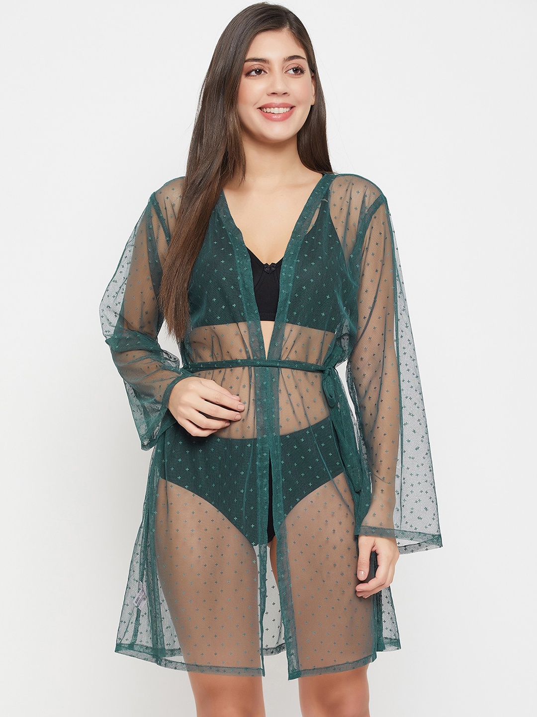 

Clovia Dobby Embroidered Lace Robe, Green