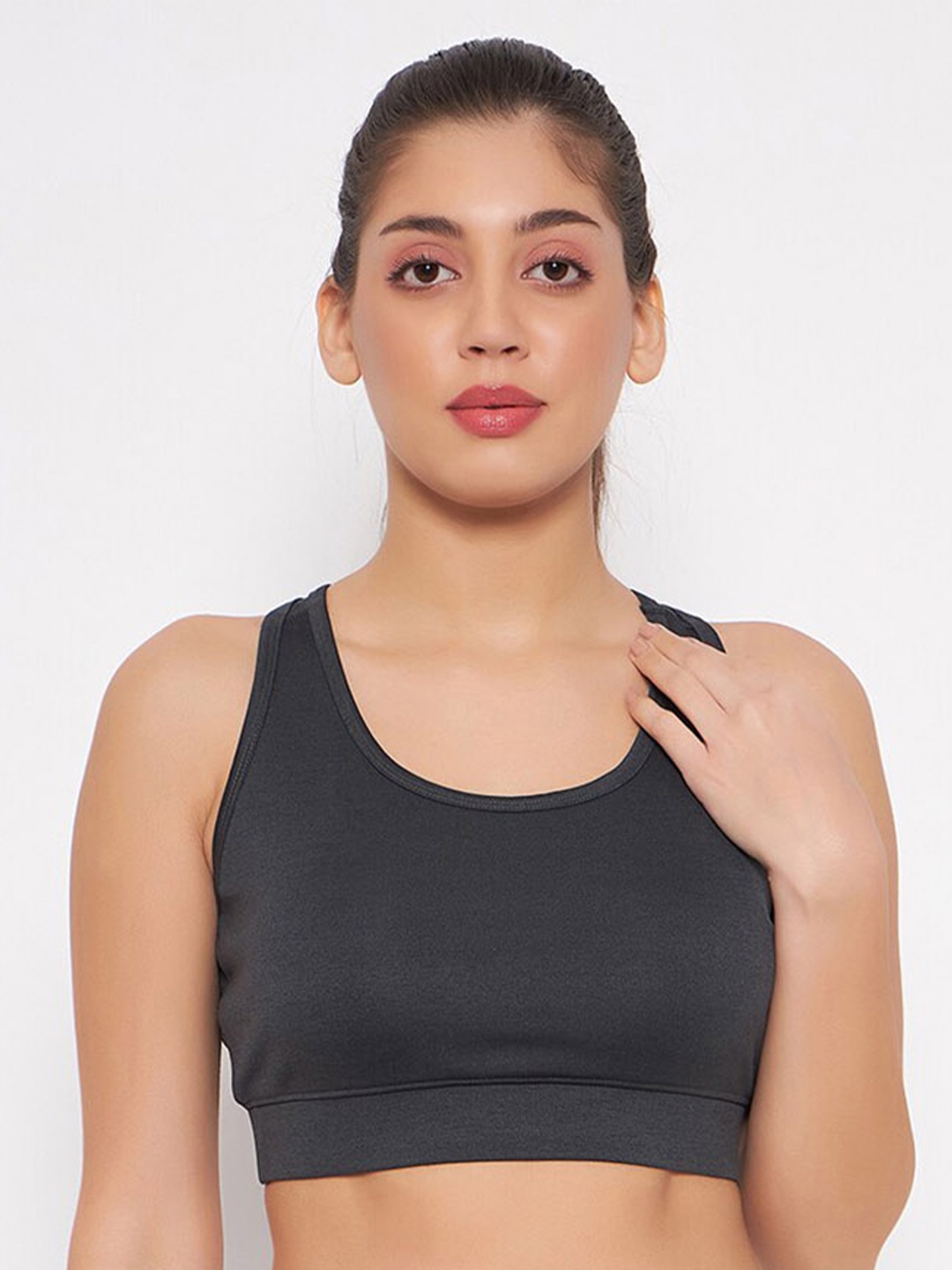 

Clovia Grey Full Coverage Moisture-Wicking 4-way Stretch Removable Padding Workout Bra