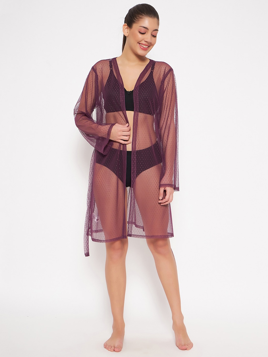 

Clovia Embroidered Lace Robe, Purple