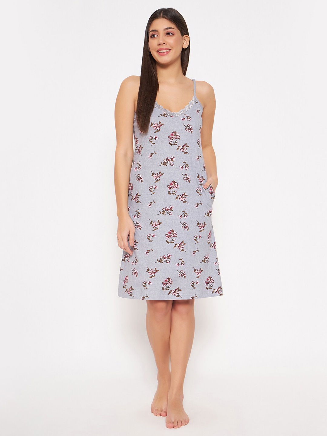 

Clovia Floral Printed Lace Detail Sleeveless Cotton Nightdress, Grey