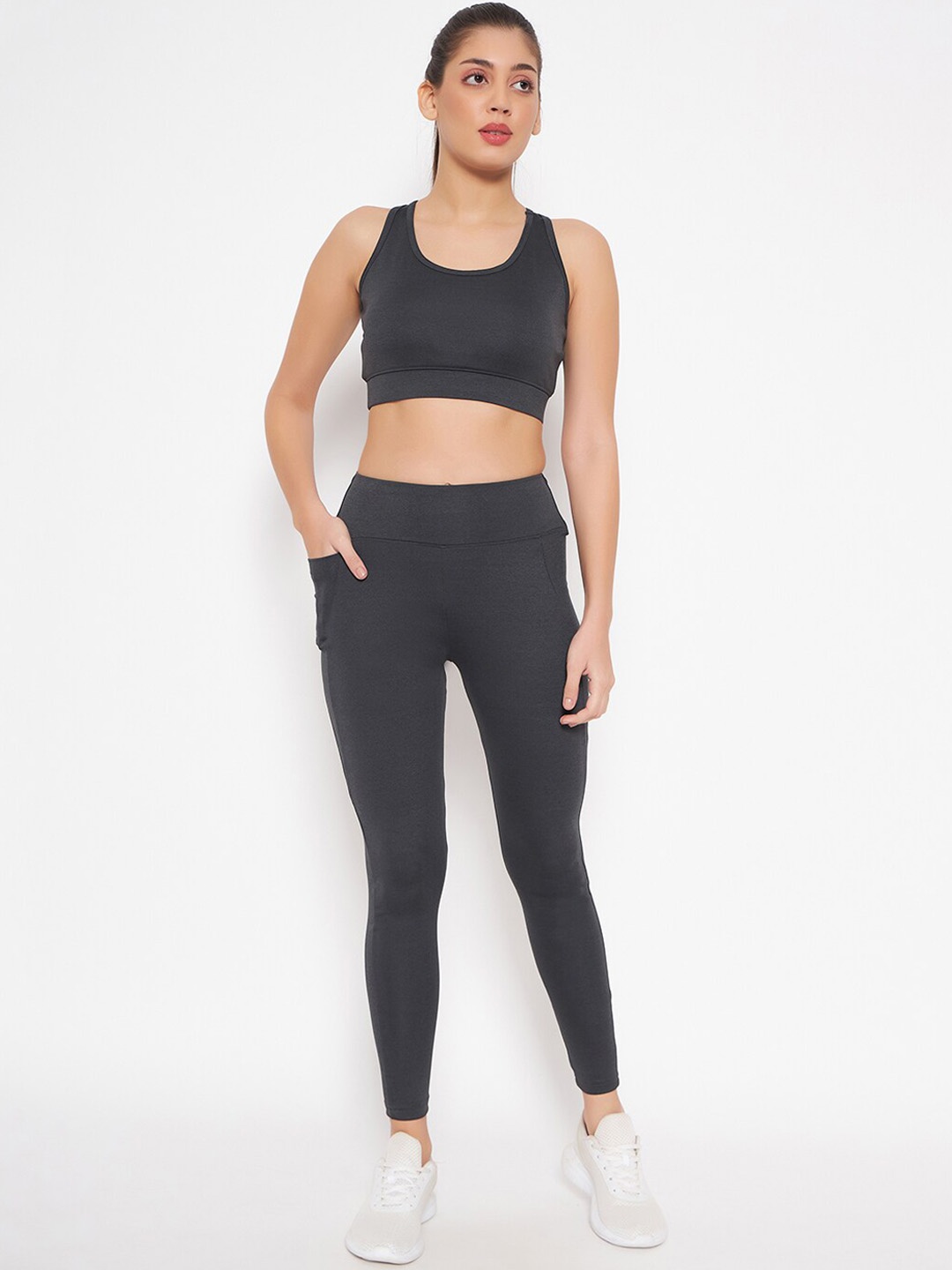 

Clovia Grey Padded Sports Bra & High Rise Active Tights Rapid-Dry Sports Tracksuit