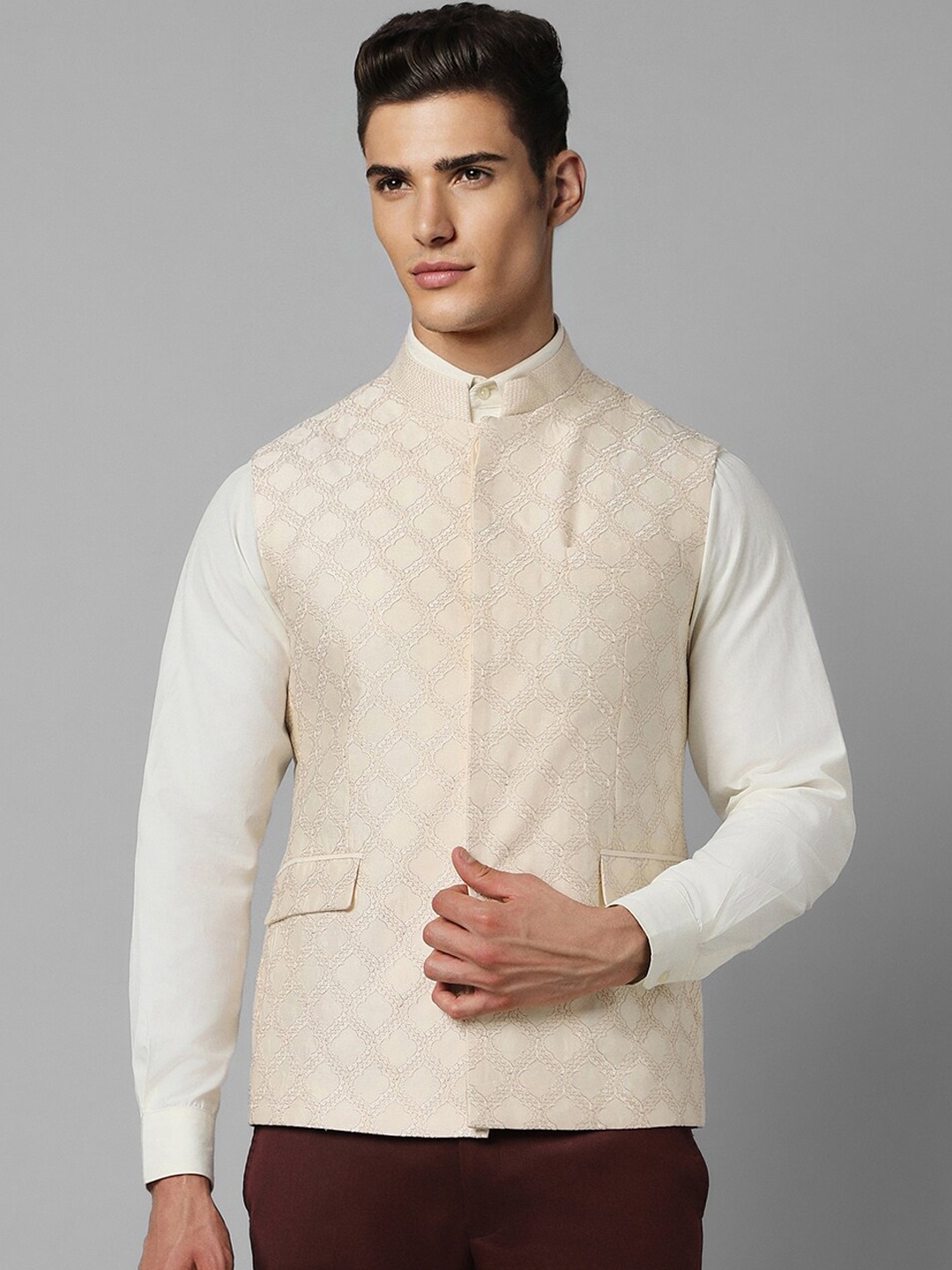 

Louis Philippe Embroidered Slim Fit Nehru Jacket, Beige