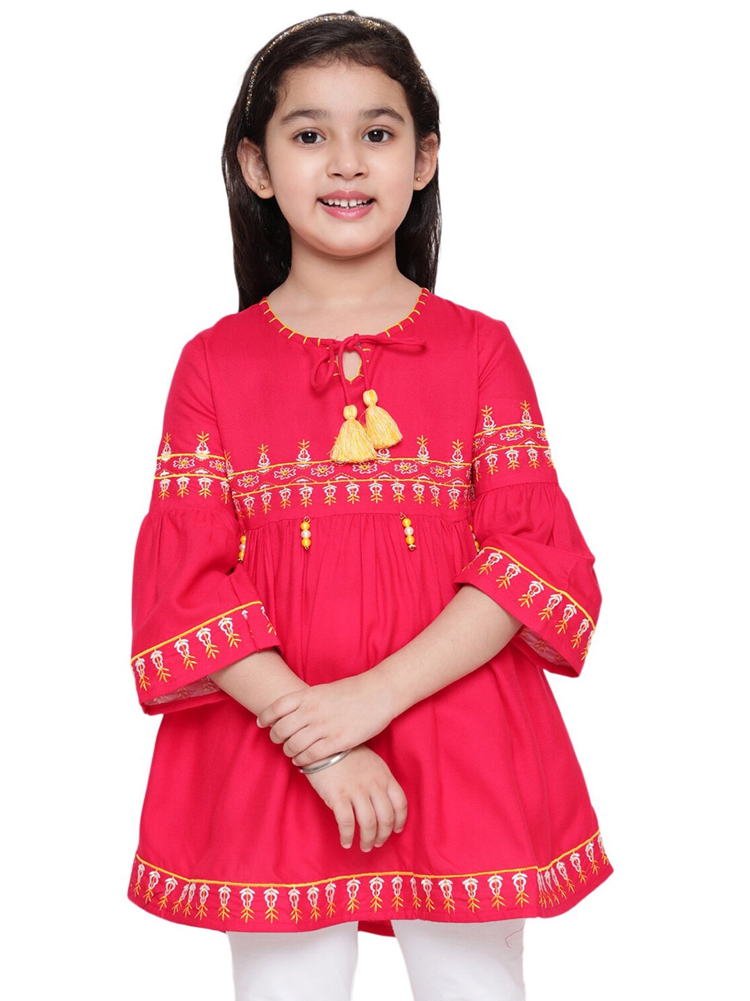 

BAESD Ethnic Motifs Embroidered Tie Up Neck Bell Sleeves Kurti, Pink