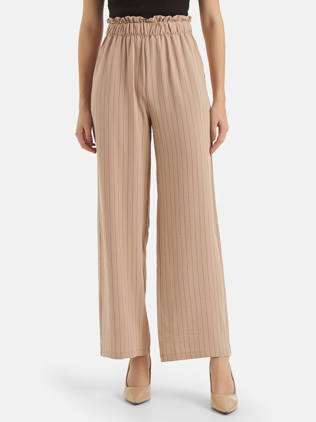 

Kazo Women Striped Loose Fit High-Rise Parallel Trousers, Beige