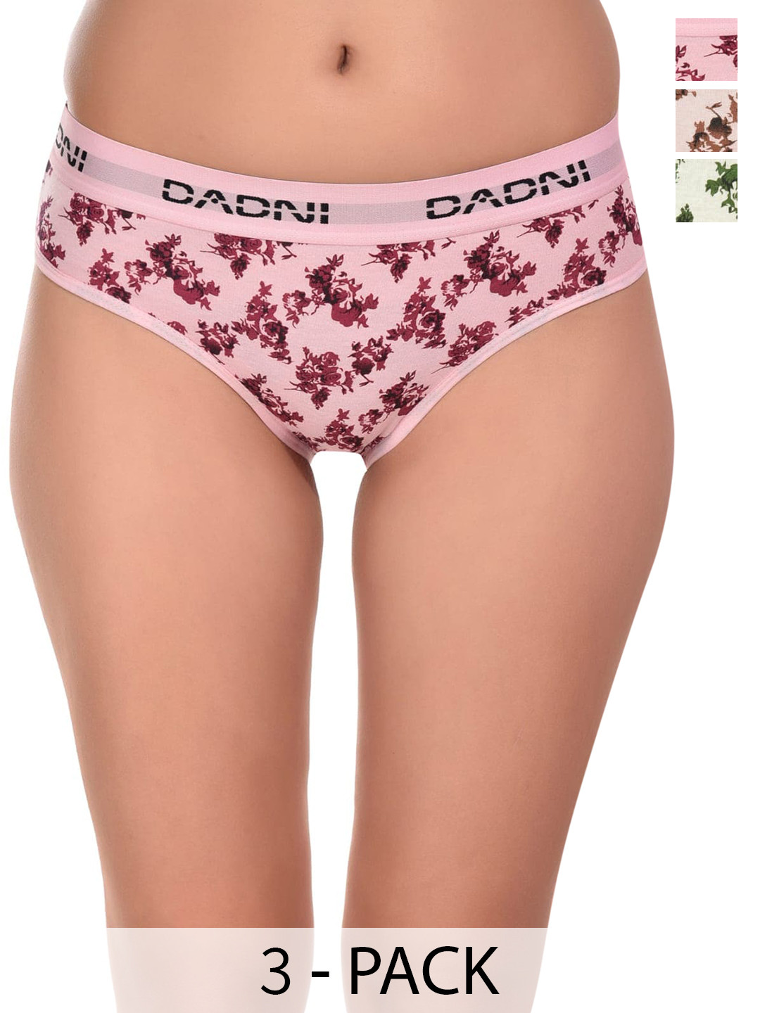 

DADNI FASHION Pack Of 3 Floral Printed Mid Rise Label Free Cotton Hipster Briefs, Pink