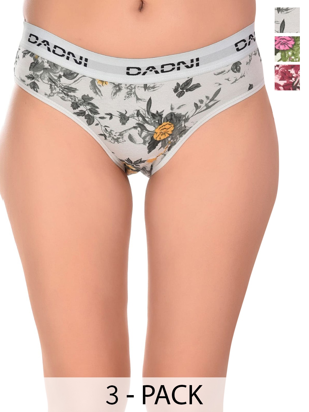 

DADNI FASHION Pack Of 3 Floral Printed Mid Rise Label Free Cotton Hipster Briefs, Grey