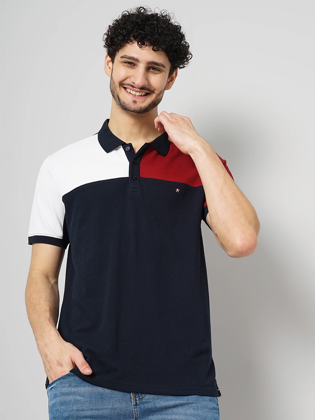 

Celio Colourblocked Polo Collar Cotton T-shirt, Navy blue