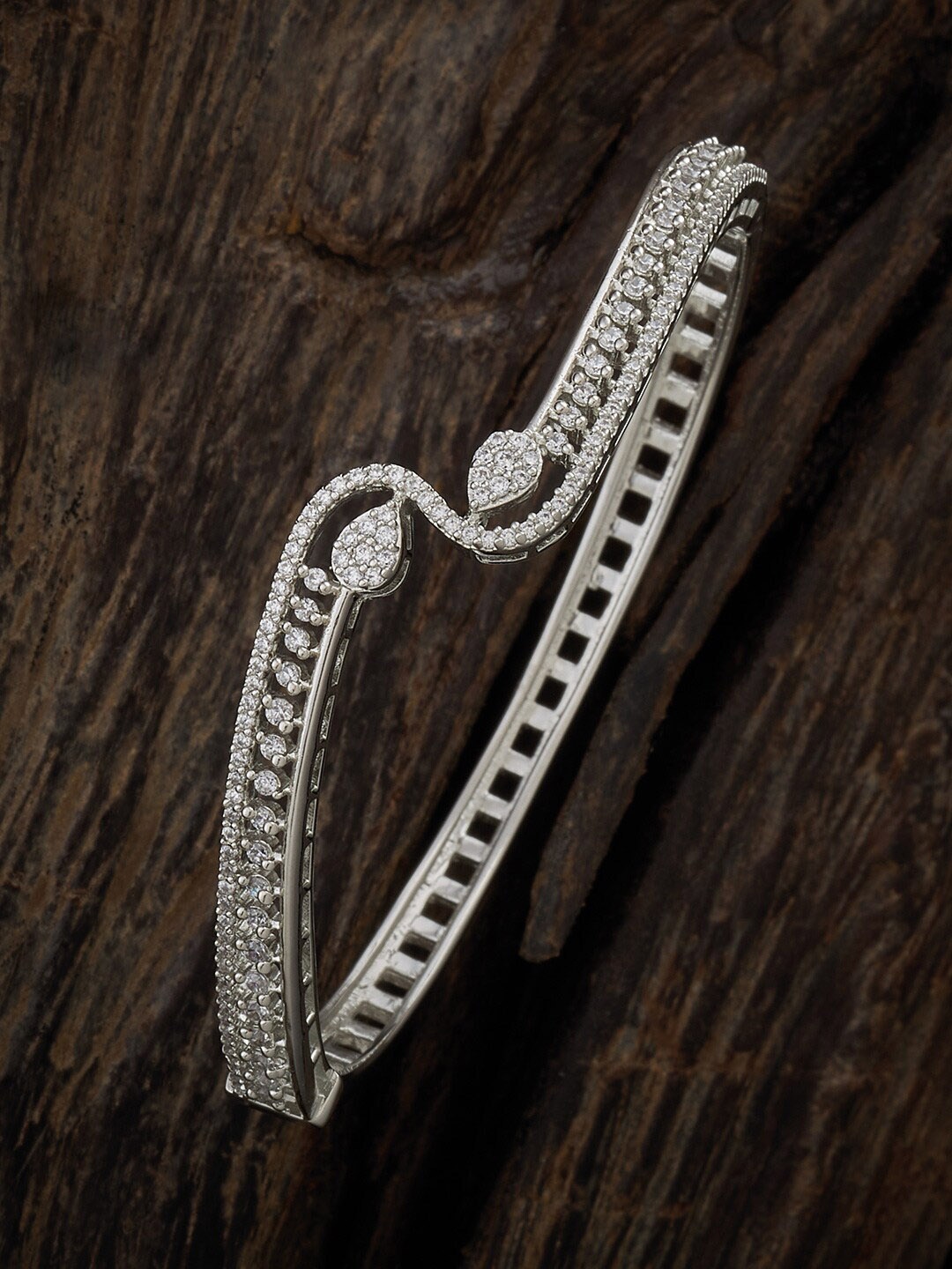 

Kushal's Fashion Jewellery Cubic Zirconia Studded Rhodium Plated Bangle Style Bracelet, Silver