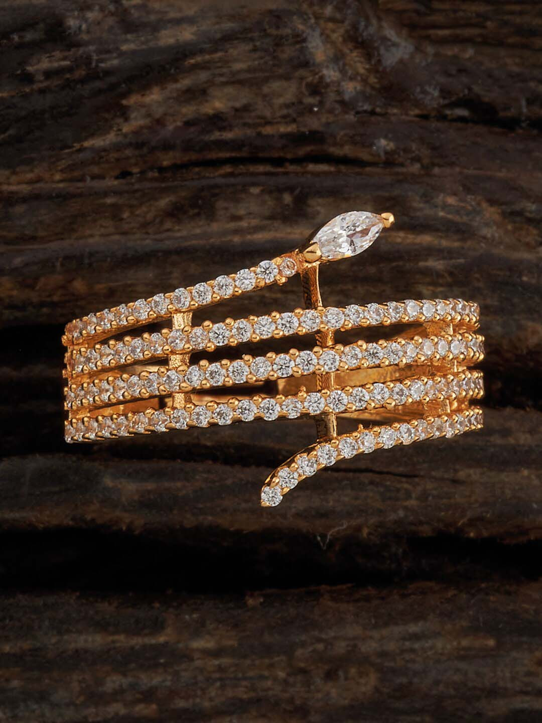

Kushal's Fashion Jewellery Gold-Plated CZ-Stone Studded Floral Statement Finger Ring