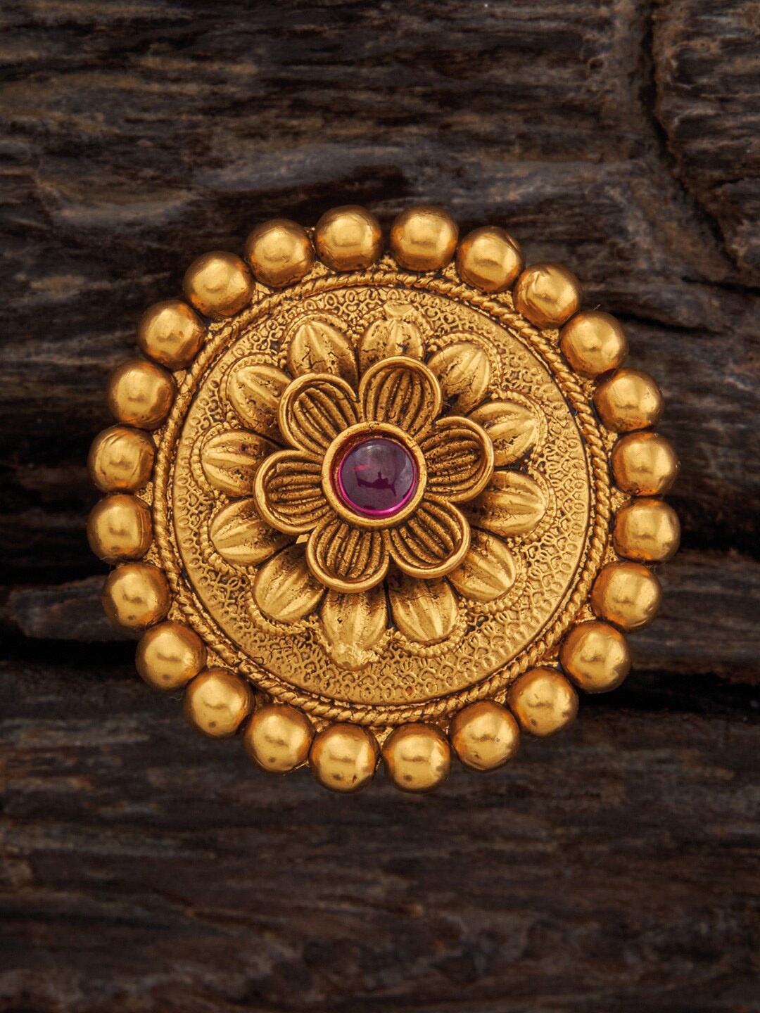 

Kushal's Fashion Jewellery Gold-Plated Ruby-Stone Studded Floral Antique Finger Ring