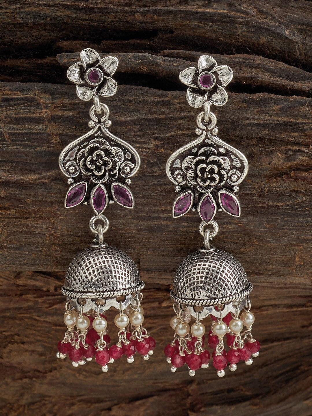 

Kushal's Fashion Jewellery Rhodium-Plated Artificial Beads Studded Classic Jhumkas, Silver