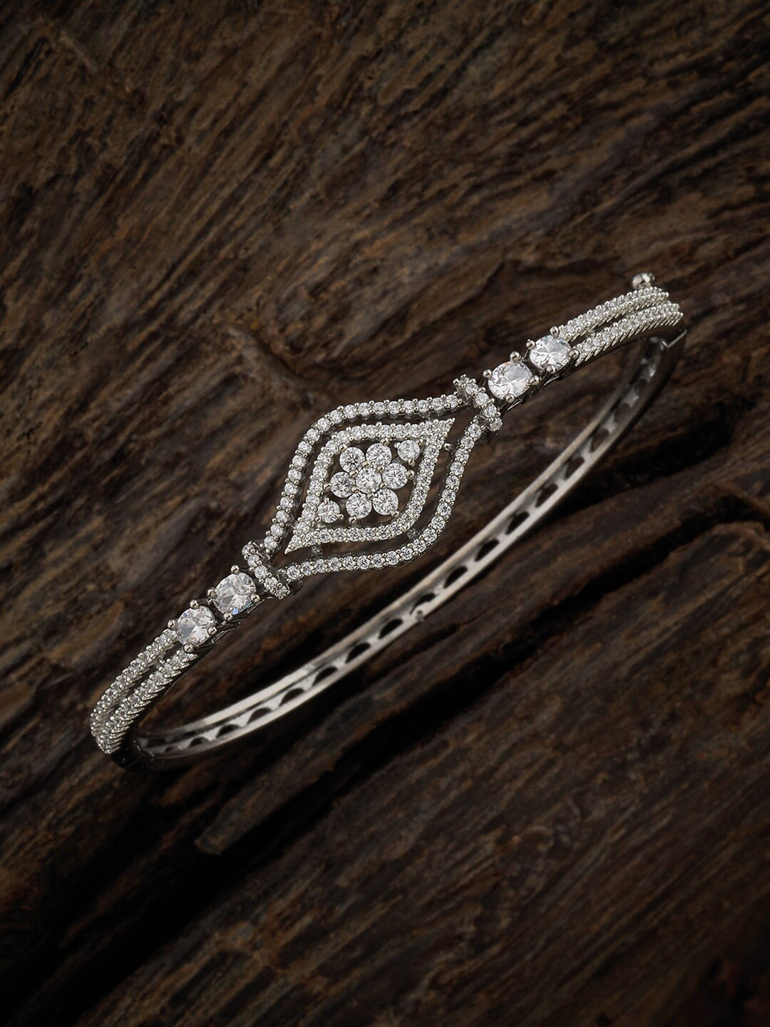 

Kushal's Fashion Jewellery Rhodium-Plated Cubic Zirconia Studded Bangle-Style Bracelet, Silver