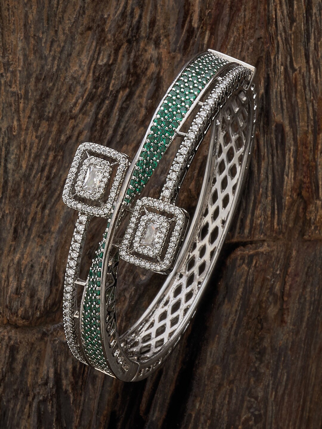 

Kushal's Fashion Jewellery Rhodium Plated CZ Studded Kada Bracelet, Silver