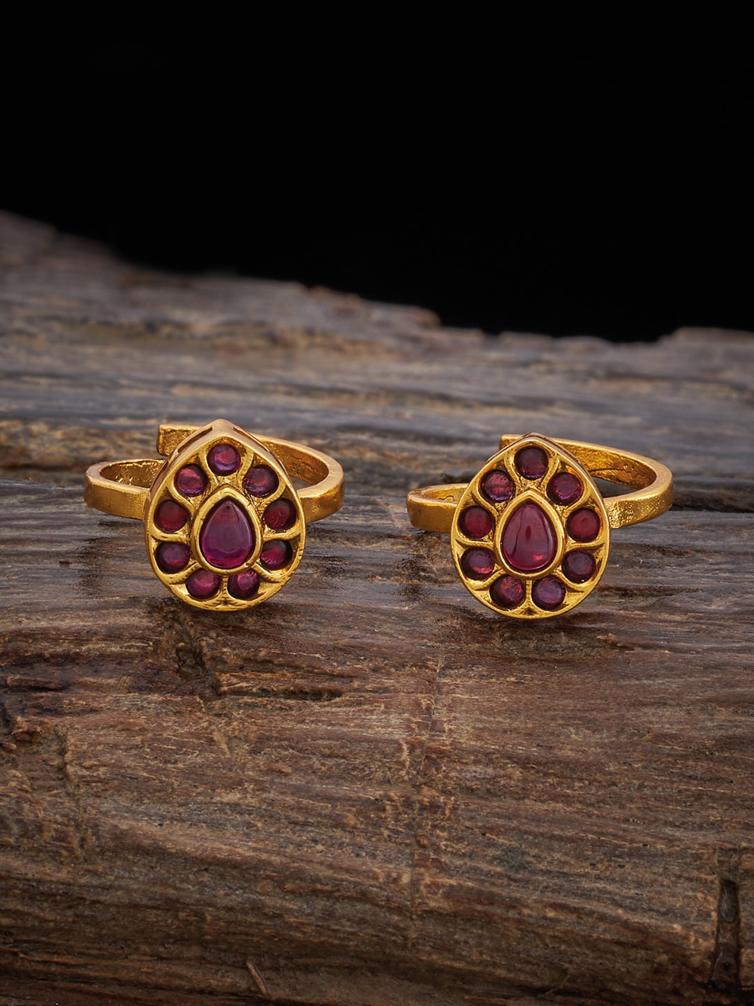 

Kushal's Fashion Jewellery Set of 2 Gold-Plated Ruby Stone Studded Antique Toe Rings