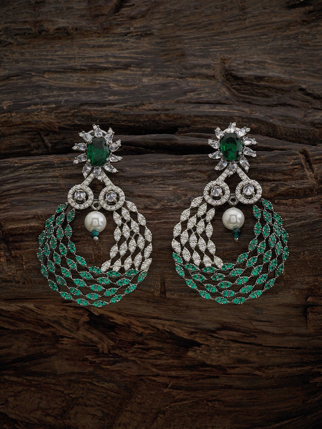 

Kushal's Fashion Jewellery Rhodium Plated CZ Studded Classic Drop Earrings, Green