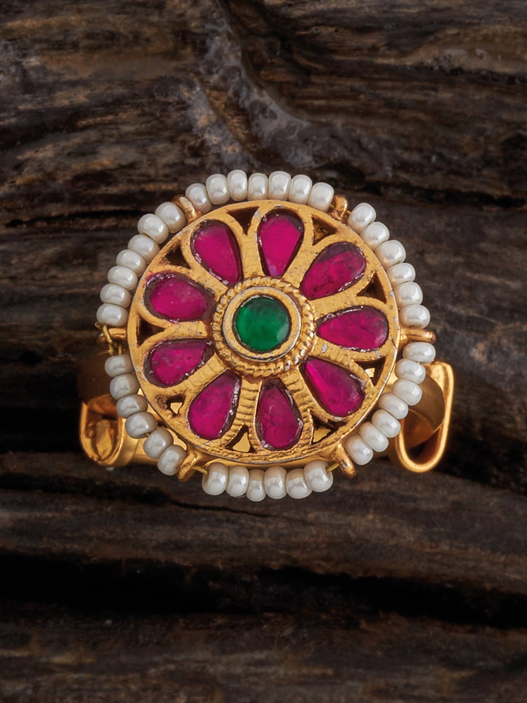 

Kushal's Fashion Jewellery Gold-Plated Ruby-Stone Studded Floral Antique Finger Ring