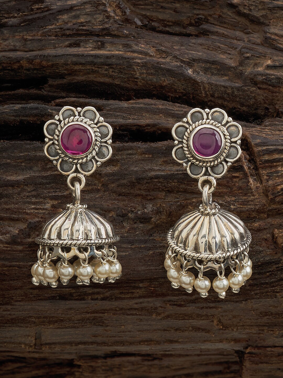 

Kushal's Fashion Jewellery Rhodium Plated CZ Studded Classic Jhumkas, Red
