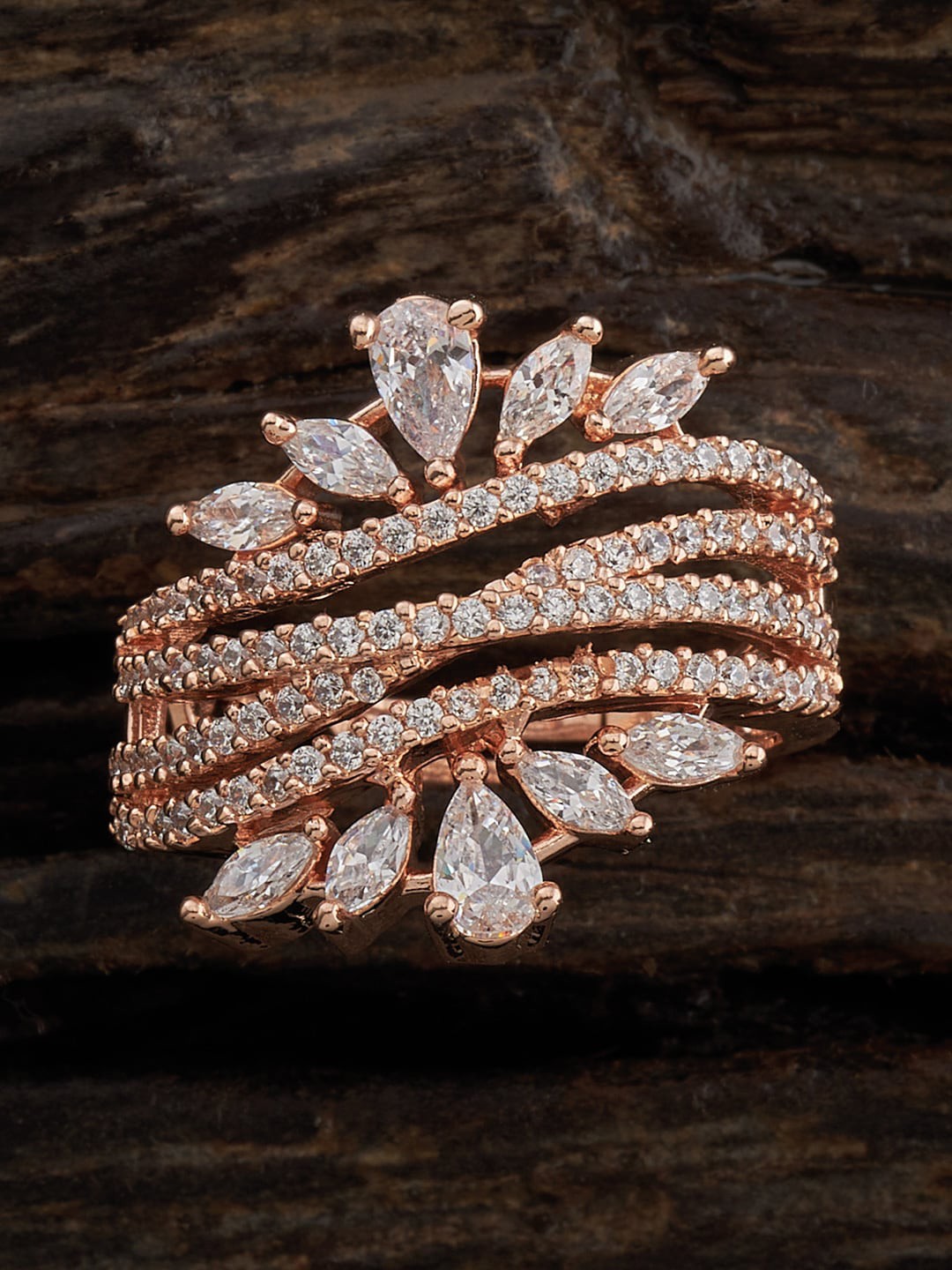 

Kushal's Fashion Jewellery Rose Gold-Plated CZ-Stone Studded Floral Finger Ring