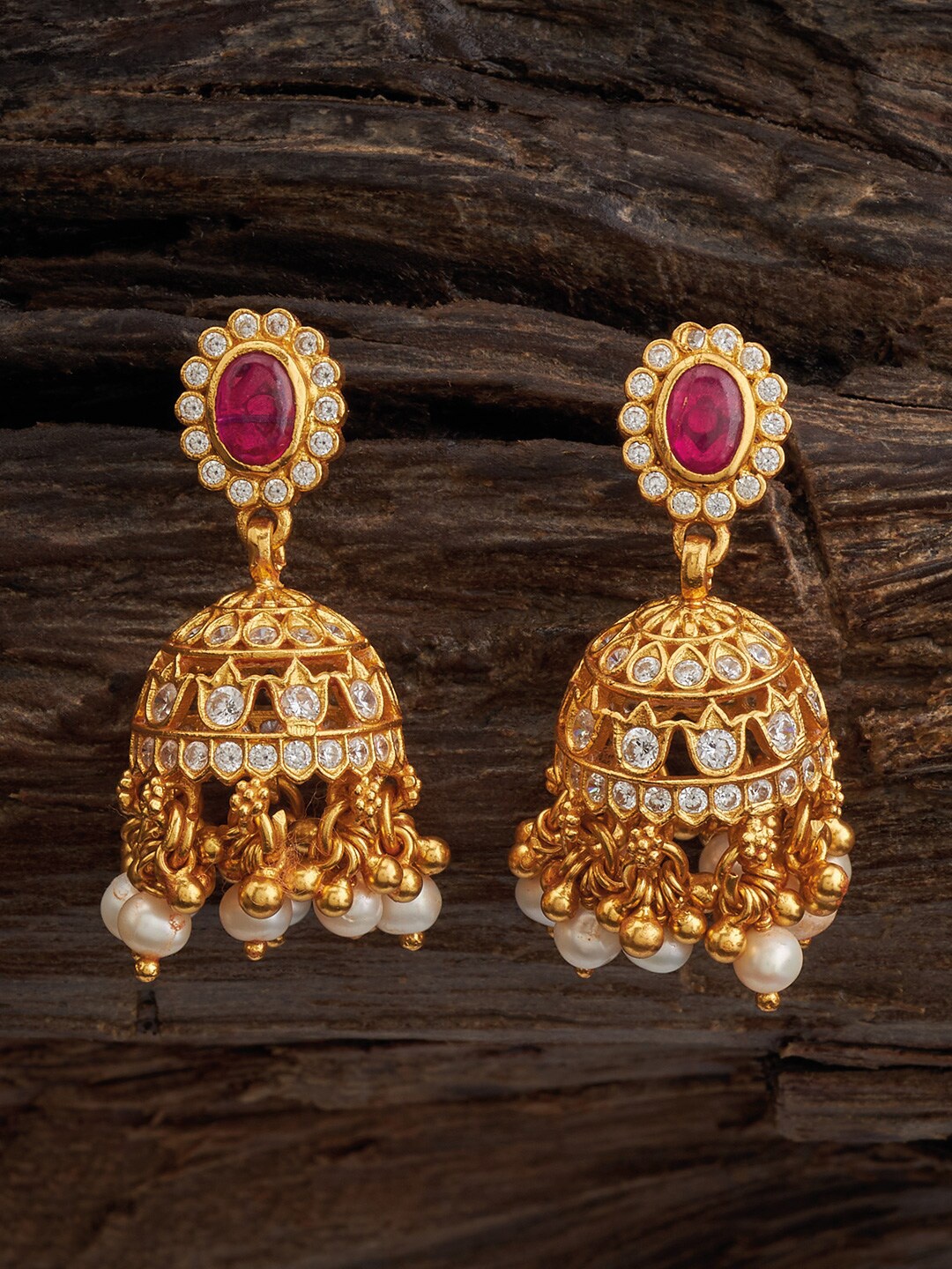 

Kushal's Fashion Jewellery Silver Artificial Stones-Studded Classic Jhumkas, Gold