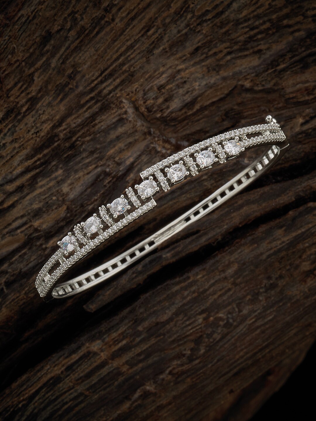 

Kushal's Fashion Jewellery Rhodium-Plated Cubic Zirconia Kada Bracelet, Silver