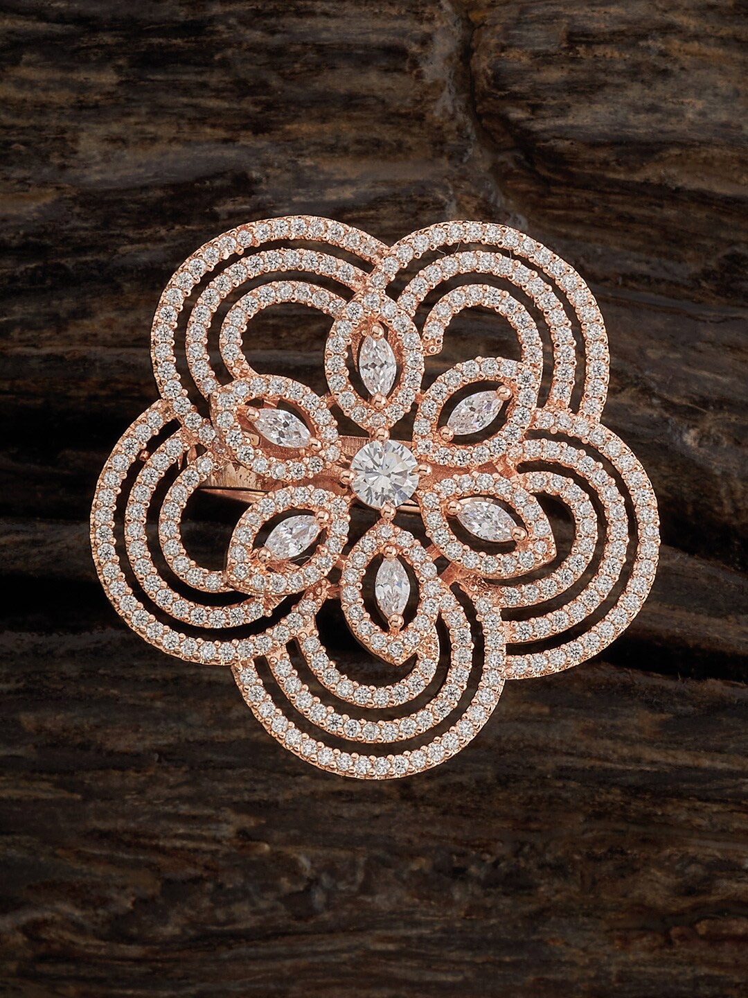 

Kushal's Fashion Jewellery Rose Gold-Plated CZ-Stone Studded Floral Finger Ring