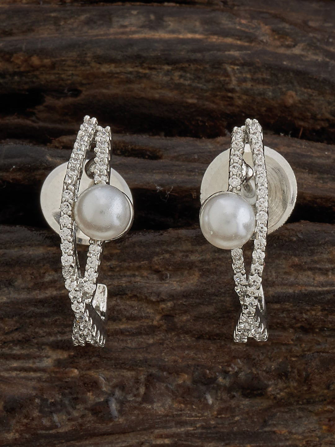 

Kushal's Fashion Jewellery Rhodium-Plated CZ Studded & Beaded Half Hoop Earrings, Silver