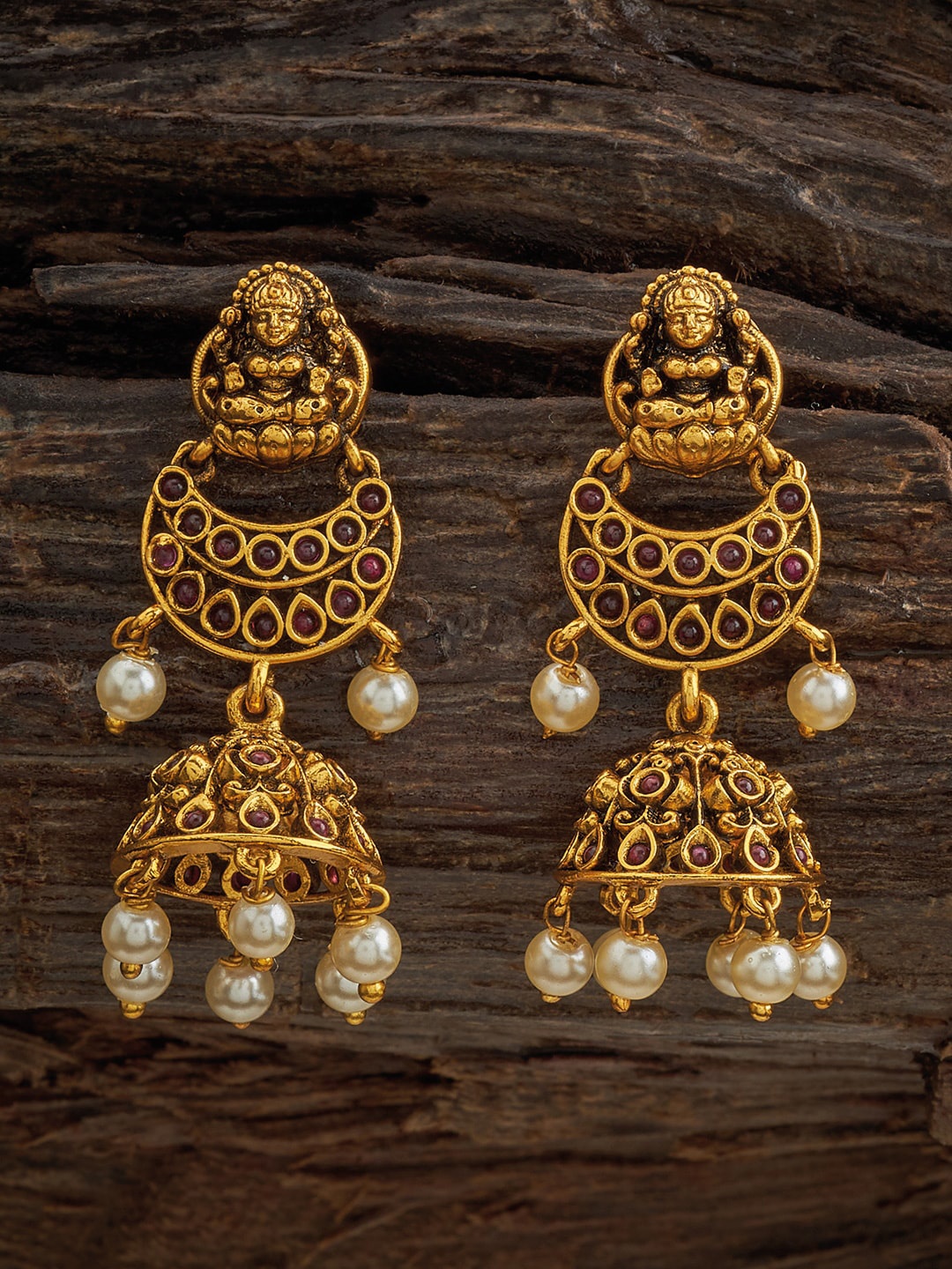 

Kushal's Fashion Jewellery Gold-Plated Dome-Shaped Stone-Studded Antique Jhumkas