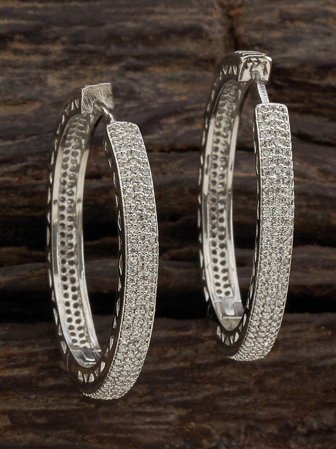 

Kushal's Fashion Jewellery Rhodium-Plated Circular Zircon-Studded Hoop Earrings, Silver