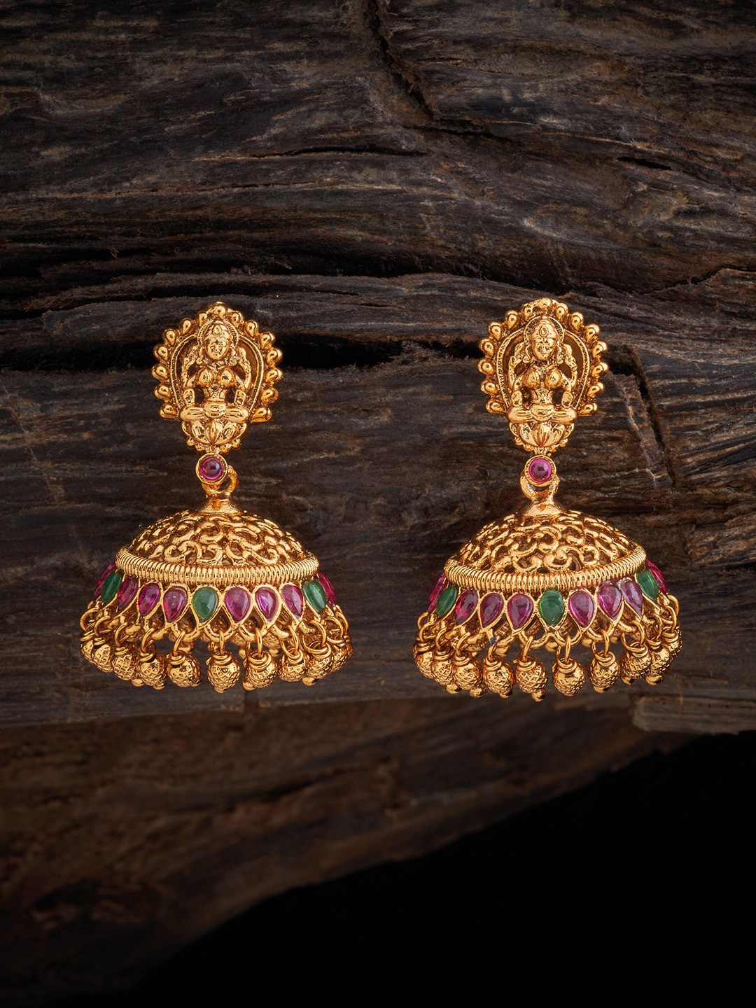 

Kushal's Fashion Jewellery Gold-Plated Dome-Shaped Stone-Studded Jhumkas