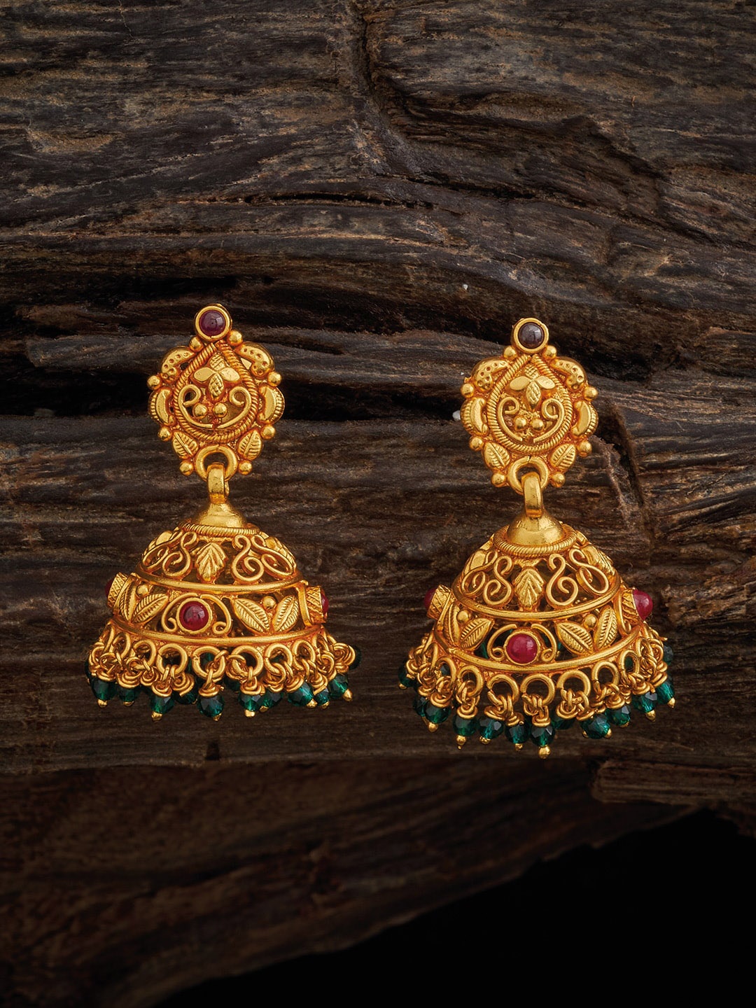 

Kushal's Fashion Jewellery 92.5 Pure Silver Gold Plated Ruby Studded Dome Shaped Jhumkas