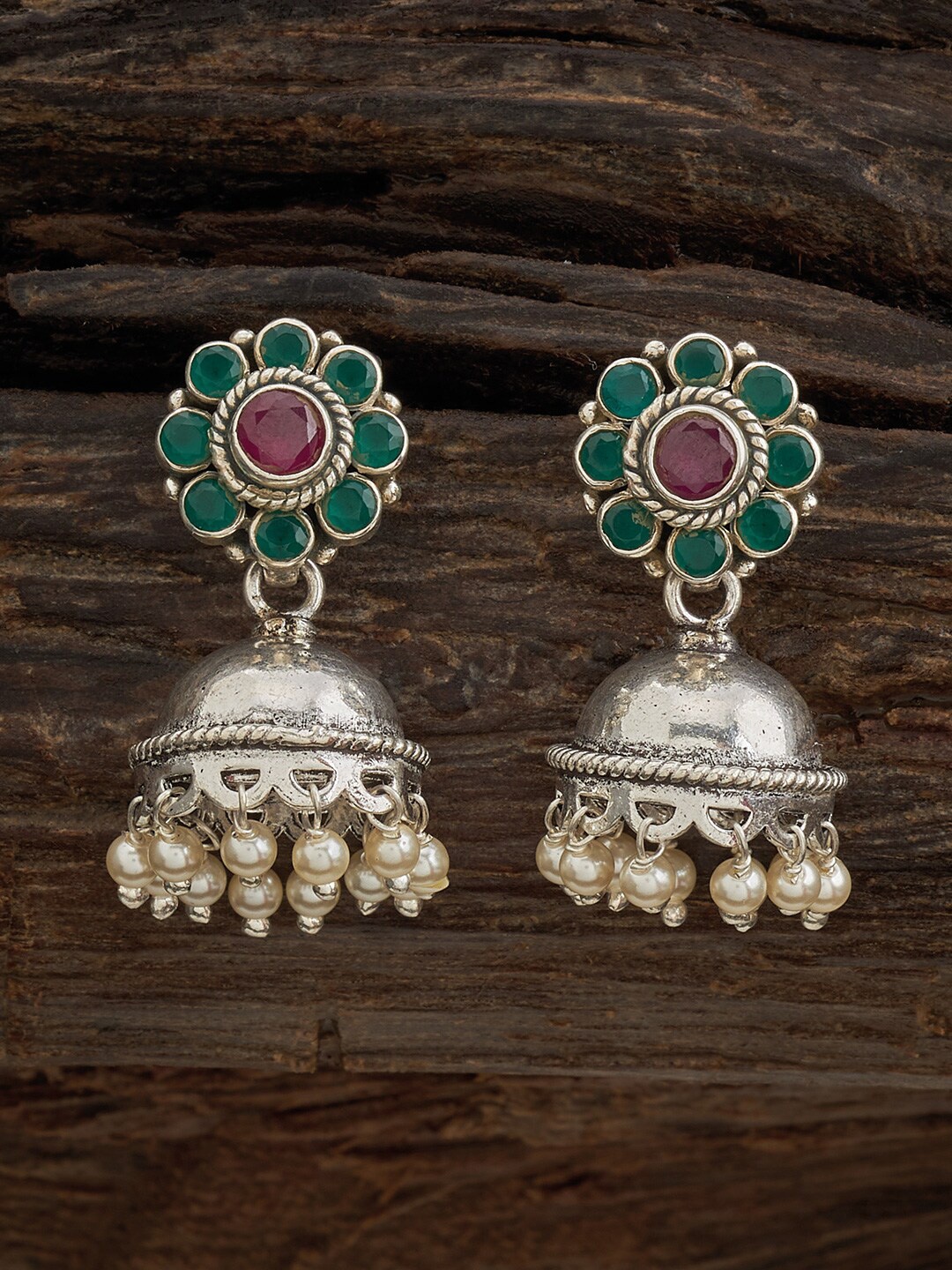 

Kushal's Fashion Jewellery 92.5 Silver Rhodium Plated Ruby Studded Dome Shaped Jhumkas