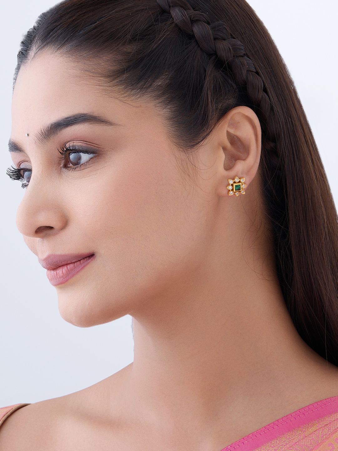 

Kushal's Fashion Jewellery 92.5 Pure Silver Gold Plated Stones Studded Stud Earrings