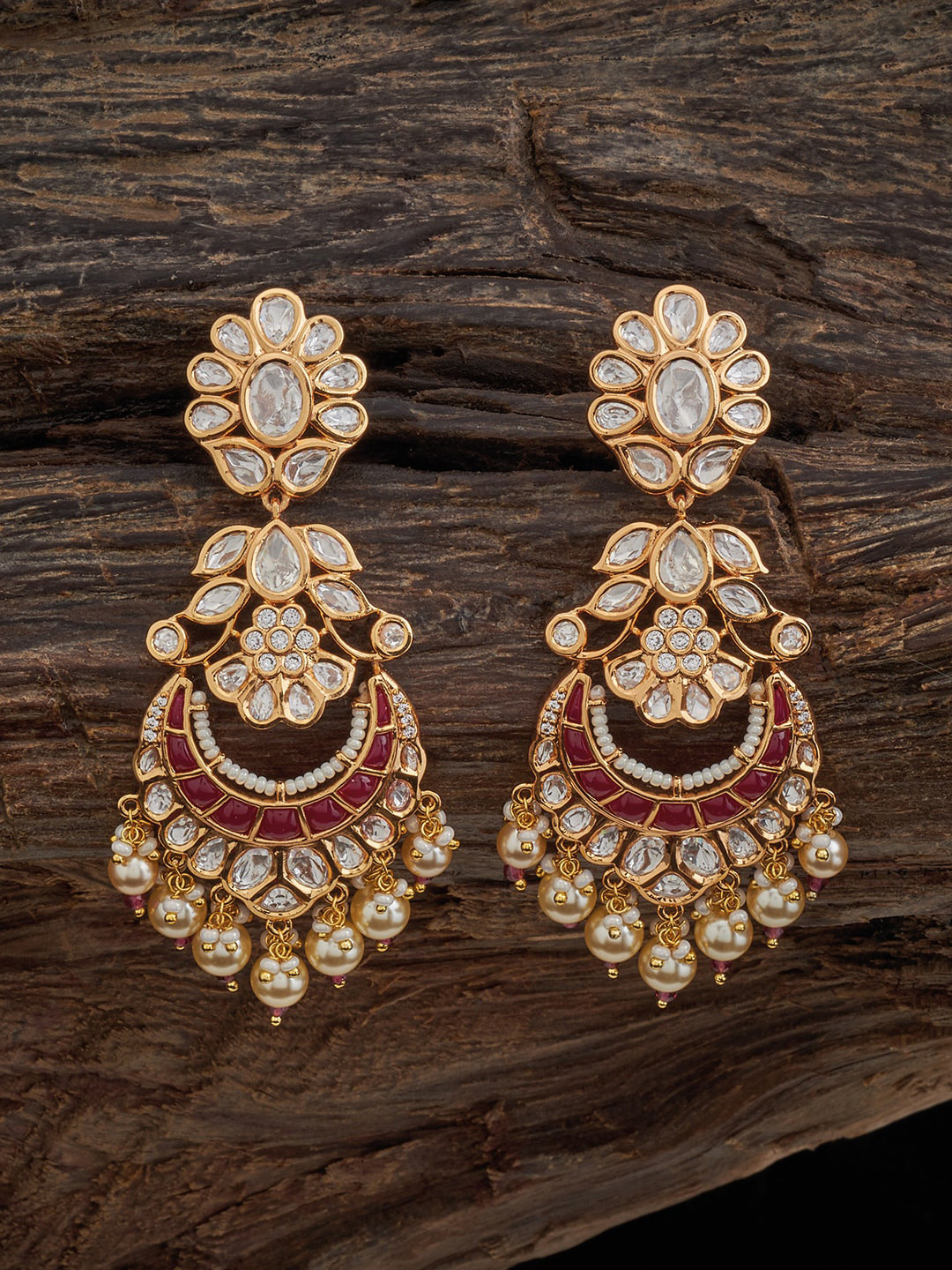 

Kushal's Fashion Jewellery Kundan Stone Studded Floral Chandbalis, Gold