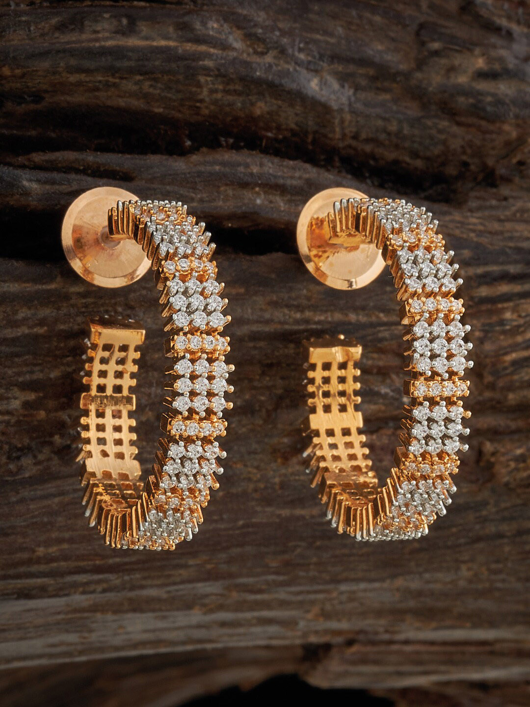 

Kushal's Fashion Jewellery Rhodium Plated Cubic Zirconia Stone Studded Half Hoop Earrings, Gold