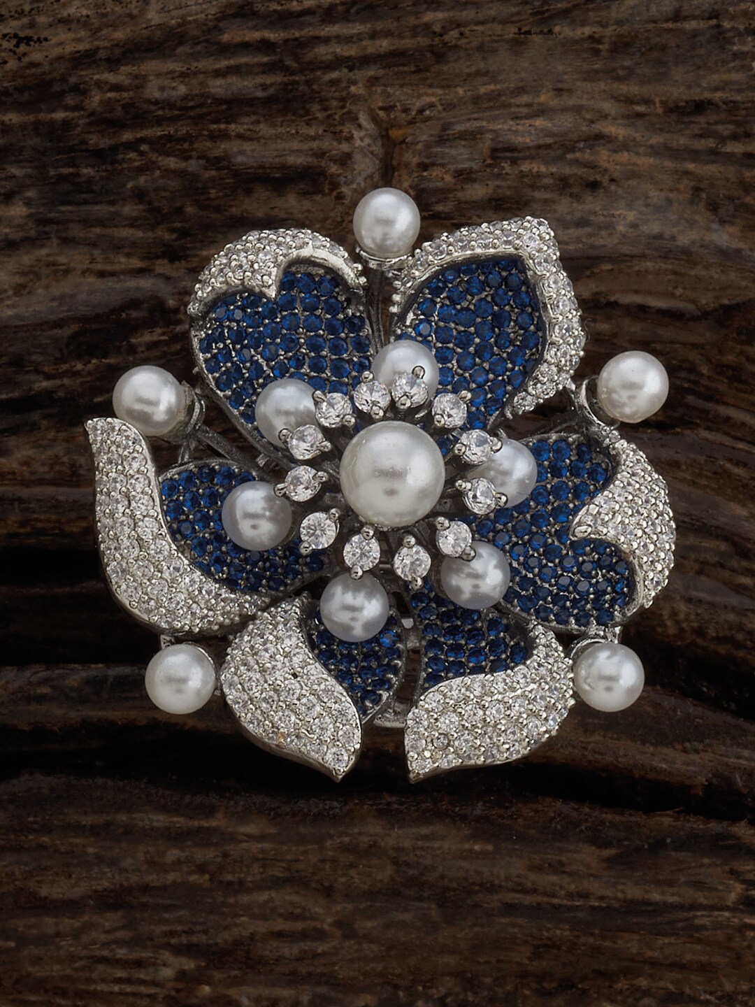 

Kushal's Fashion Jewellery Rhodium-Plated Cubic Zirconia Studded Floral Finger Ring, Silver