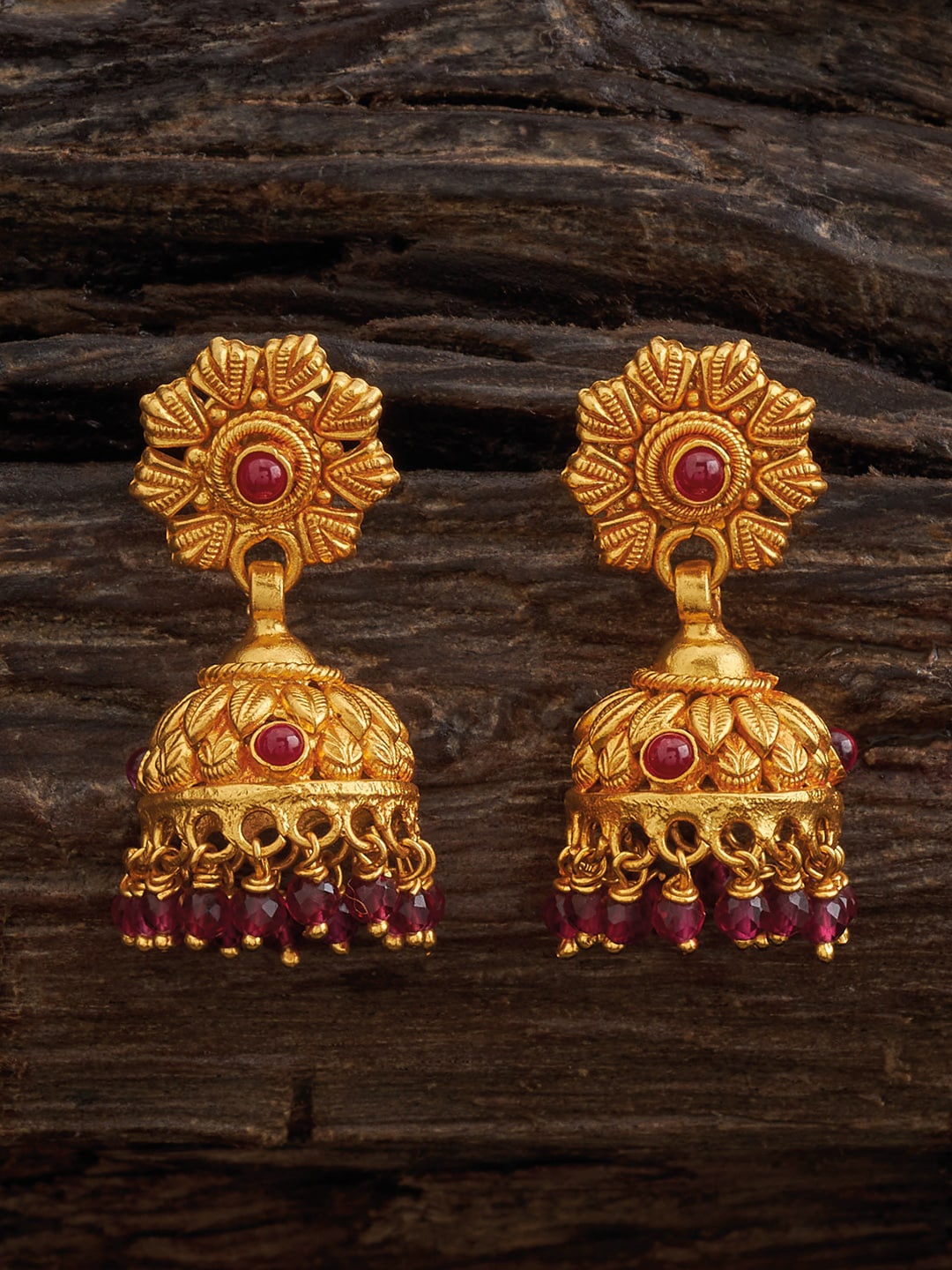 

Kushal's Fashion Jewellery Gold-Plated Stone-Studded 92.5 Silver Temple Jhumkas