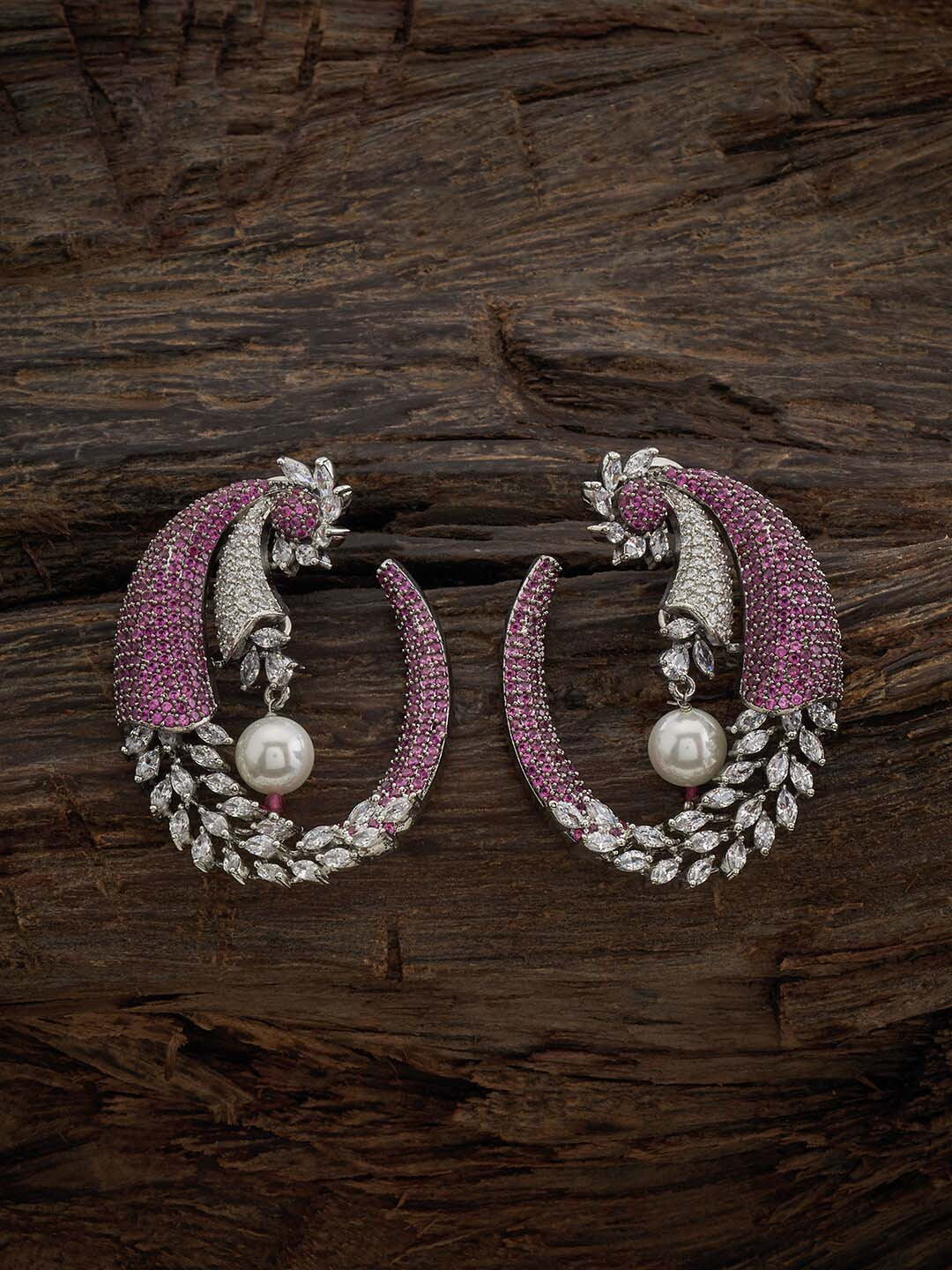 

Kushal's Fashion Jewellery Rhodium-Plated Peacock Shaped Studs Earrings, Silver