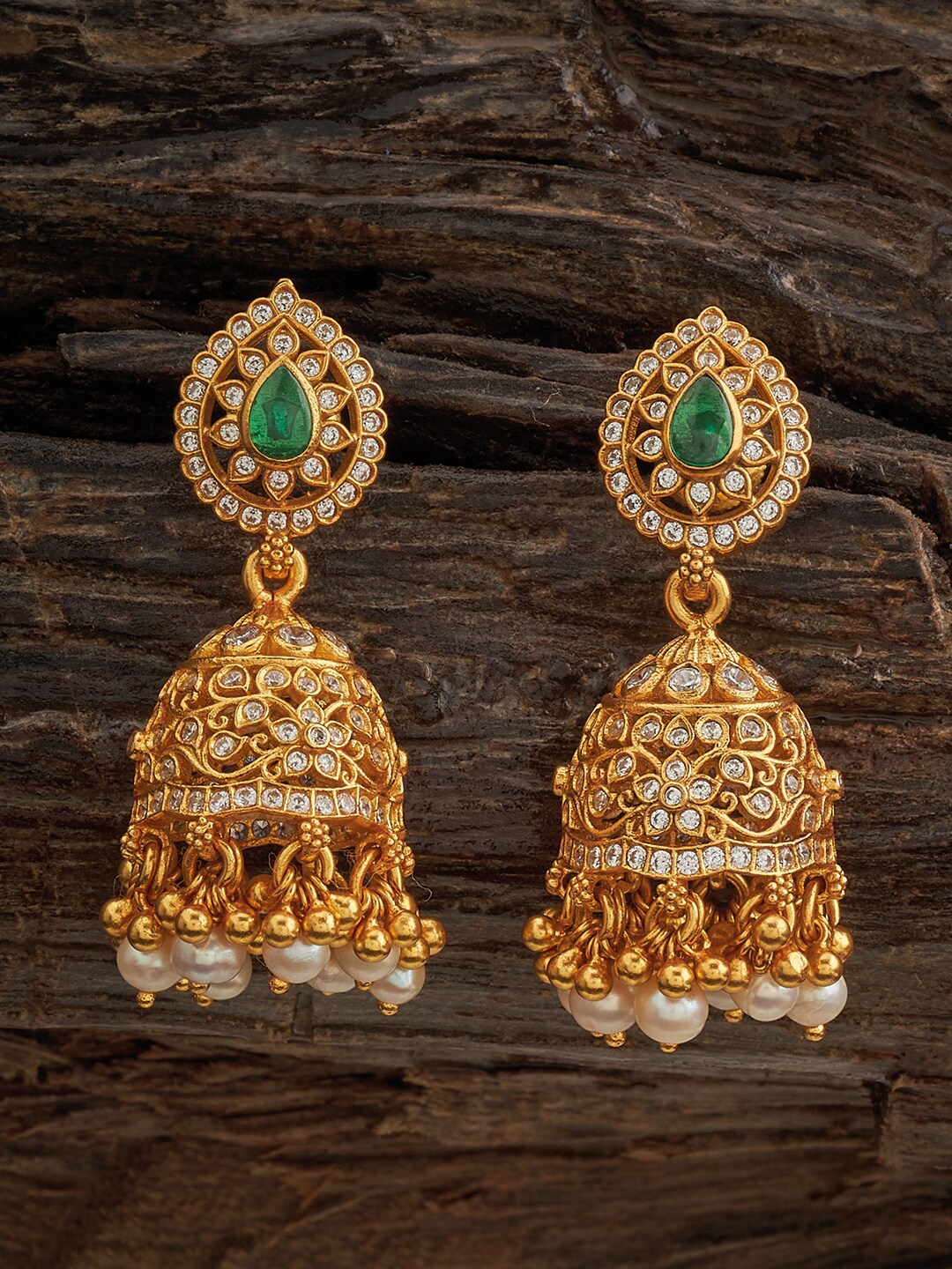 

Kushal's Fashion Jewellery Gold-Plated Stone-Studded 92.5 Silver Temple Jhumkas