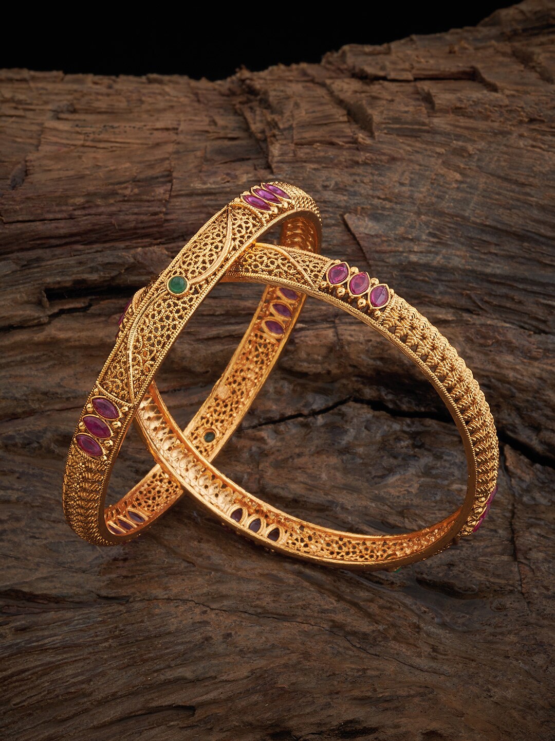 

Kushal's Fashion Jewellery Set of 2 Gold-Plated Stones Studded Ethnic Antique Bangles