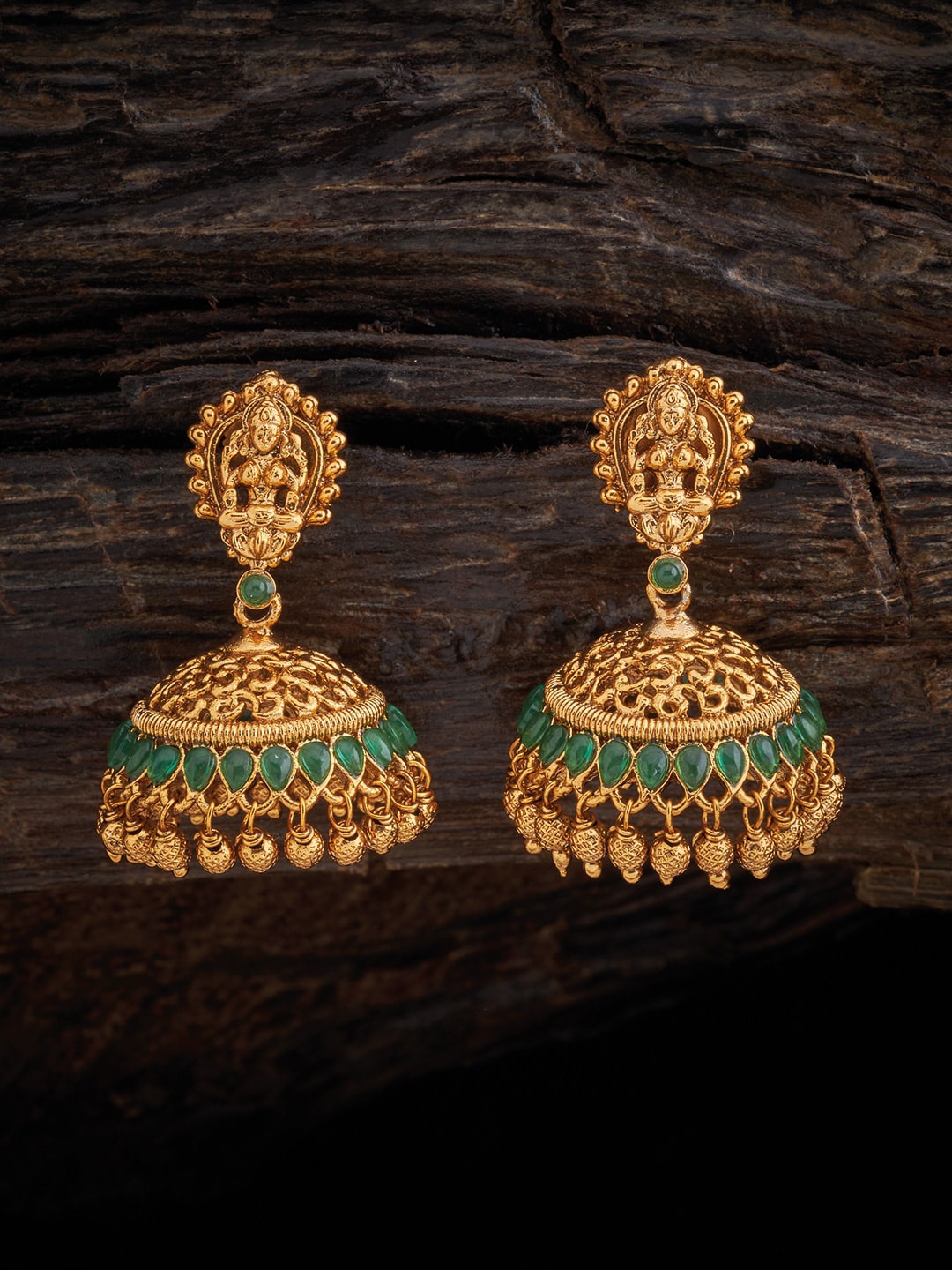 

Kushal's Fashion Jewellery Gold Plated Stone Studded Antique Jhumkas