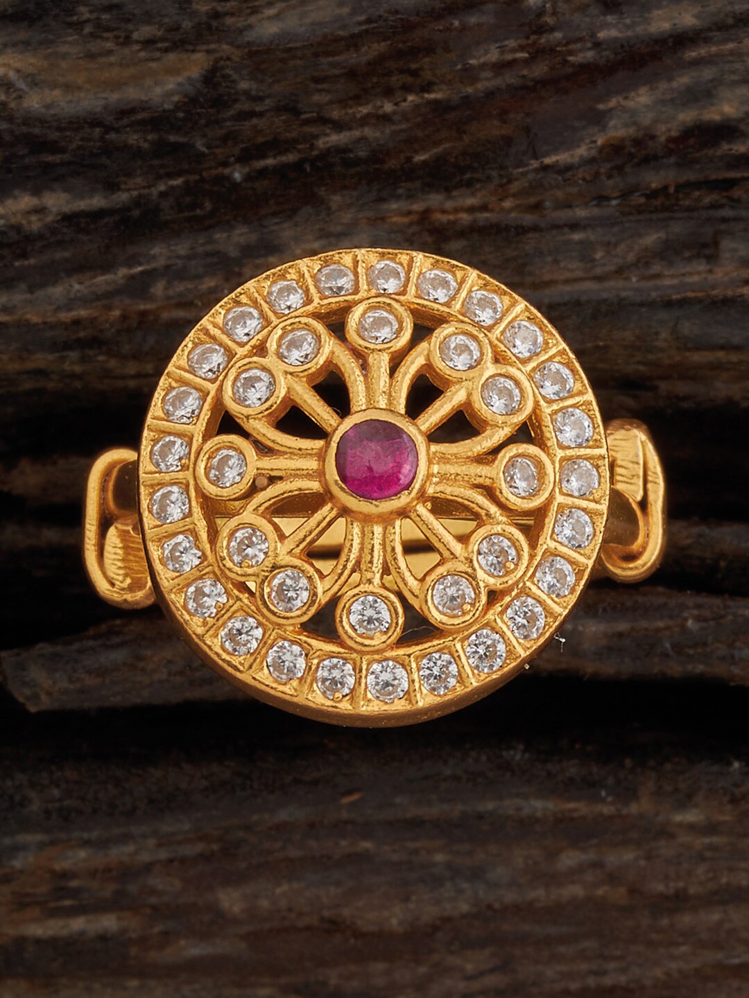 

Kushal's Fashion Jewellery Gold Plated Ruby Stone Studded 92.5 Pure Silver Temple Ring