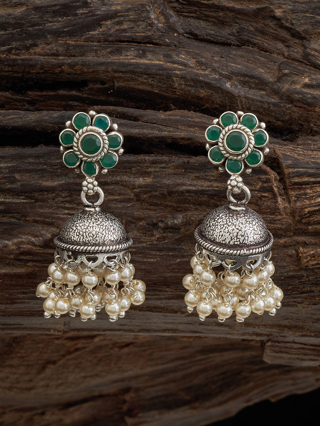 

Kushal's Fashion Jewellery Rhodium-Plated Beads & Stone Studded Classic Jhumkas, Silver