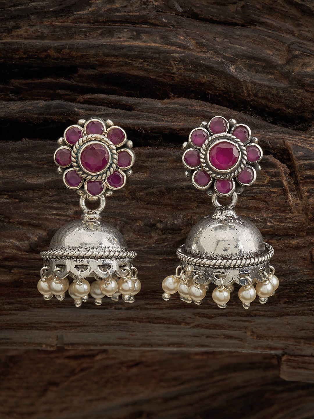 

Kushal's Fashion Jewellery Rhodium-Plated Stone Studded Silver Classic Jhumkas