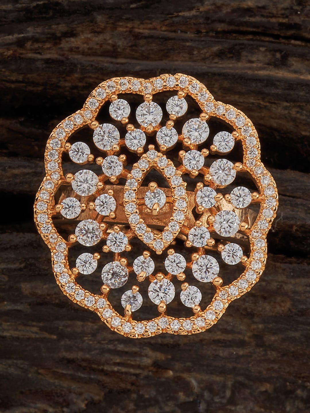 

Kushal's Fashion Jewellery Gold-Plated CZ Studded Floral Statement Finger Ring