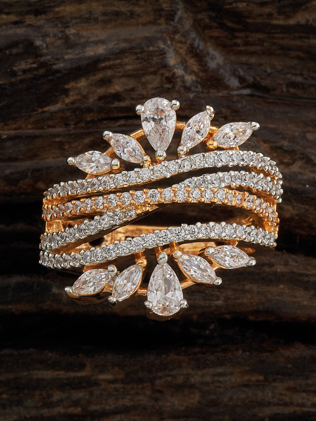 

Kushal's Fashion Jewellery Rhodium-Plated CZ-Stone Studded Floral Finger Ring, Silver