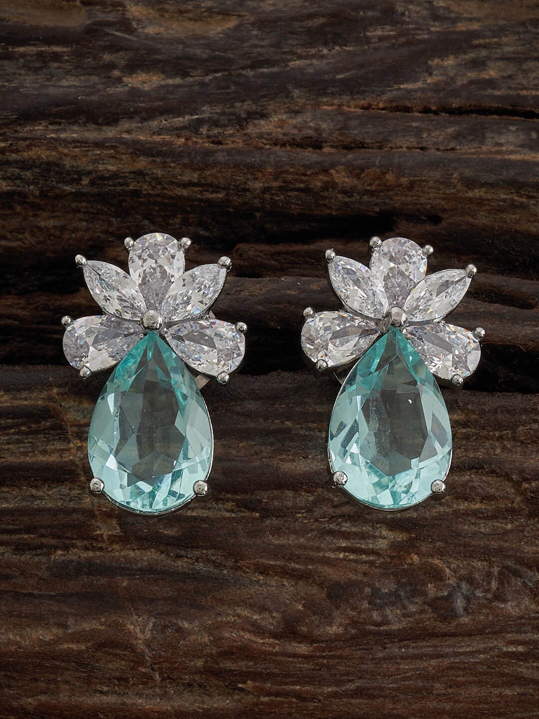 

Kushal's Fashion Jewellery Rhodium-Plated Cubic Zirconia Studded Studs Earrings, Sea green