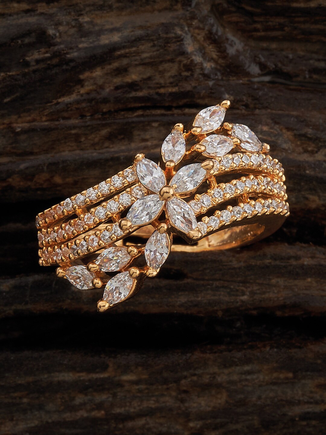 

Kushal's Fashion Jewellery Gold-Plated Cubic Zirconia Studded Floral Statement Finger Ring