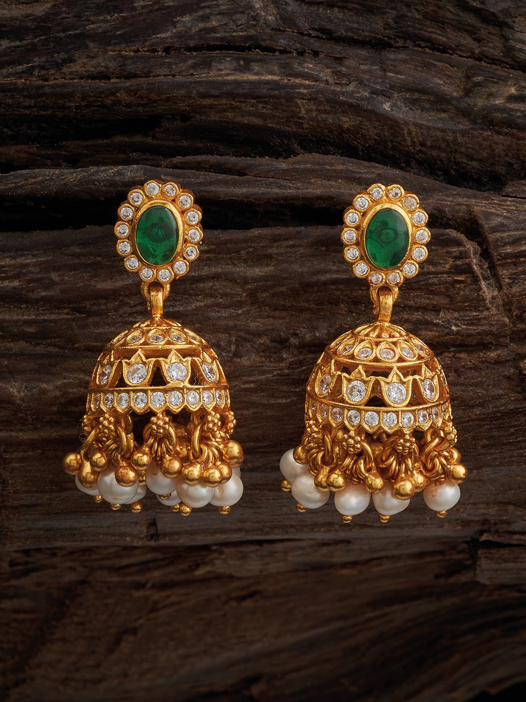 

Kushal's Fashion Jewellery 92.5 Sterling Silver Artificial Stones Studded Jhumkas Earrings, Gold